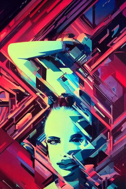 Prompt: wideangle portrait, digital painting, an beautiful, sleeping hacker girl, cybernetic, extatic, madness, decoherence, synthwave, glitch!!, fractured reality, refraction, realistic, hyperdetailed, concept art, art by syd mead, cubism