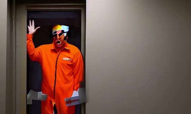 Image similar to full shot of donald trump wearing an orange jump suit, crying in a dirty jail cell in guantanamo, photograph, realistic, dramatic lighting