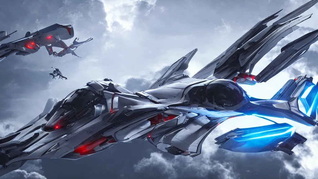 Prompt: futuristic flying spacecraft, daniel simon influenced, aggressive styling, sports car livery and graphics, transparent plastic wings, unreal engine, cinematic camera, blizzard cinematic, daytime