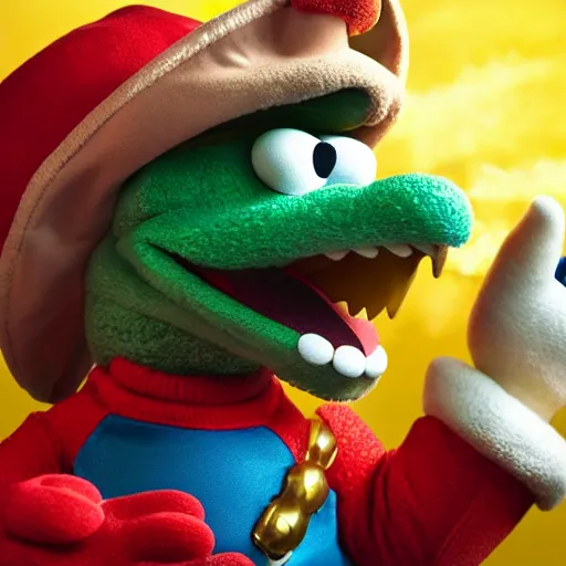 Image similar to A still of Bowser as a muppet, photo real, photographic, photograph, artstation, trending, award winning, epic lighting, featured