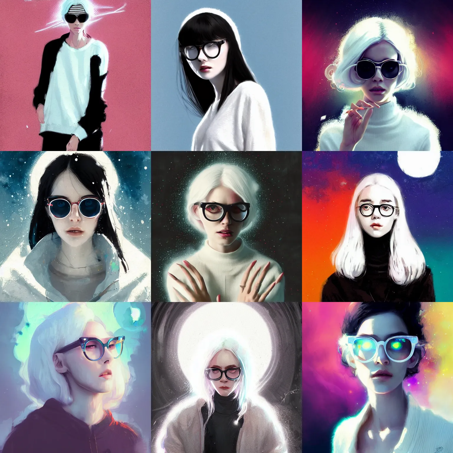 Prompt: cute girl in white sweater white hair black wayfarer glasses standing psychedelic background by greg rutkowski art