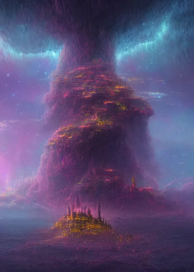 Image similar to an ultra detailed midjourney concept digital art painting of a flying island castle city, towers levitating across space in an iridescent nebula by paul lehr kazumasa uchio situated in a starry expanse of bioluminescent cosmic worlds by beksinski and beeple, ecological art, sharp details, floating citadel with towers, trending on artstation