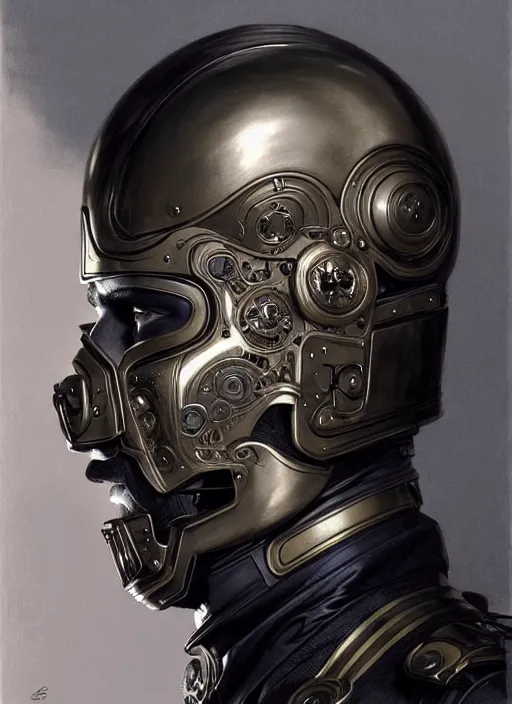 Image similar to portrait of supreme leader with cybernetic mask, bald, royalty, extravagant, lord, full body, military uniform, fantasy, intricate, elegant, beautiful, highly detailed, charcoal, centered, dark, smokey, digital painting, artstation, concept art, art by artgerm and greg rutkowski and alphonse mucha