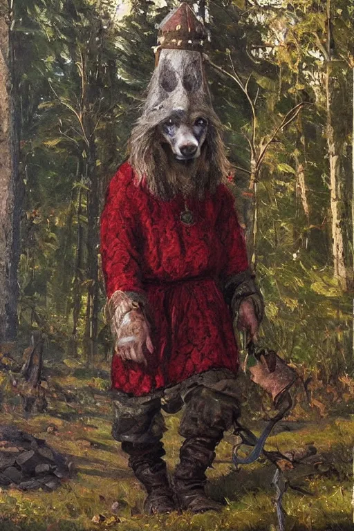 Image similar to slavic dog head man, woolen torso in medieval clothes, painting by whimmy art, walking in the forest, orthodox saint christopher, oil painting, painting by viktor vasnetsov, concept art, hyperrealism, beautiful, high resolution, trending on artstation,