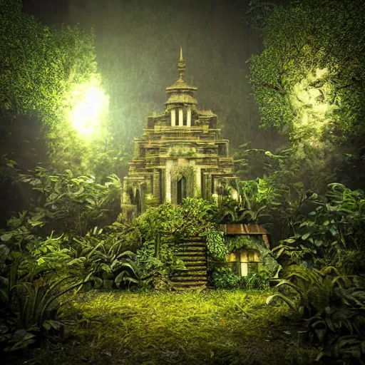 Prompt: overgrown jungle temple in the dark, atmospheric, 3d render, photorealistic, 85mm