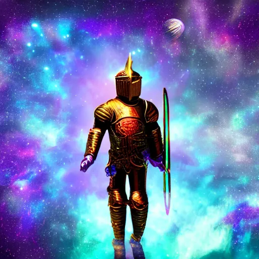 Prompt: multicolor 3d render of the knight traveling among the stars by @ianhubertz created at future in 4k ultra high resolution, with inspiring feeling