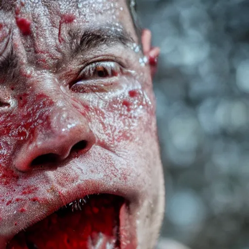 Prompt: extreme closeup of sweaty red person, wideangle