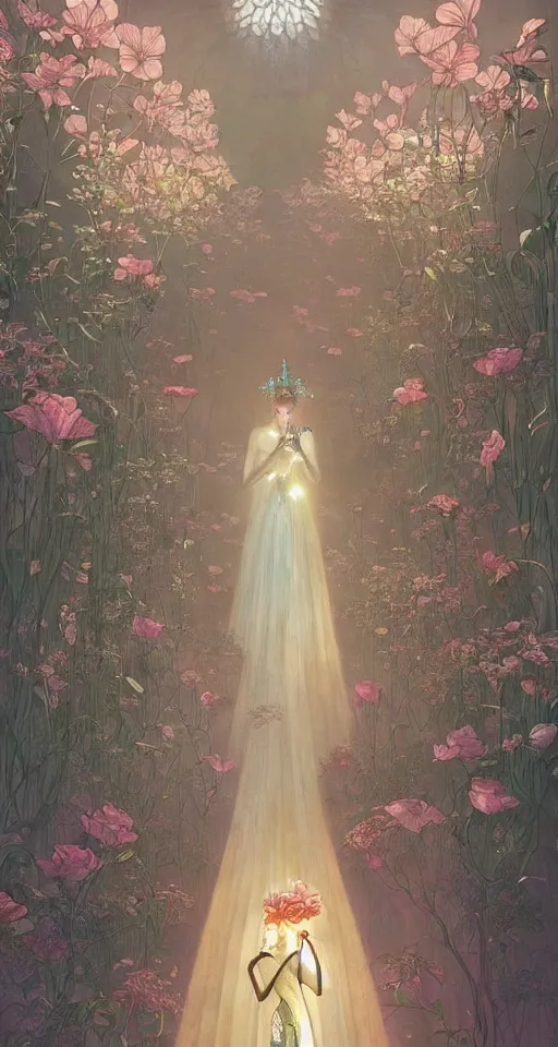 Image similar to a princess in the flower room, the light beam shines through the window, elegant, smooth, sharp focus, award - winning, masterpiece, style of tom bagshaw, cedric peyravernay, peter mohrbacher, louis comfort tiffany, victo ngai, james jean, pinterest, 4 k hd hyperdetailed illustrative wallpaper, chinese style