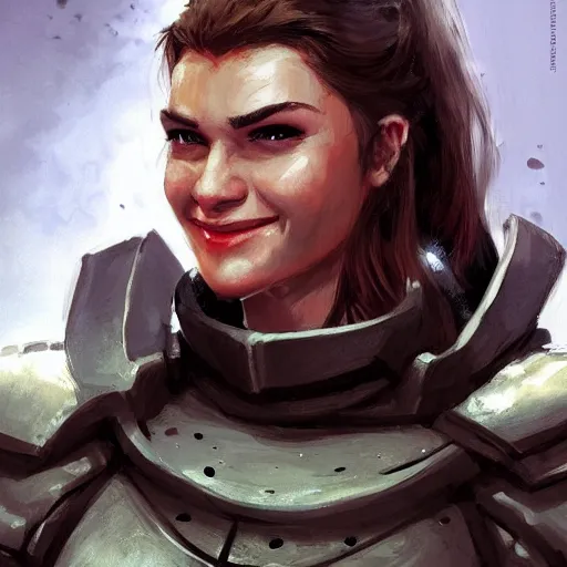 Image similar to doomguy as an attractive young smiling woman dressed as a knight, face portrait, hd shot, digital portrait, beautiful, fantasy art, artstation, comic style, by artgerm, guy denning, jakub rozalski, magali villeneuve and charlie bowater