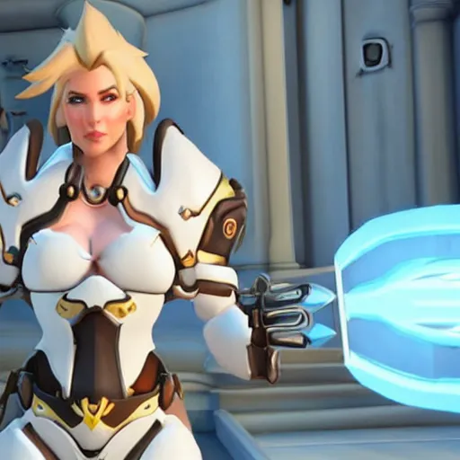 Image similar to a screenshot of arnold schwarzenegger as mercy in overwatch, full body shot