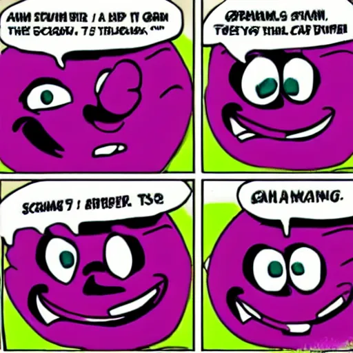 Prompt: a screaming purple grape wanting to punch his brother who is a green grape. comic book style.