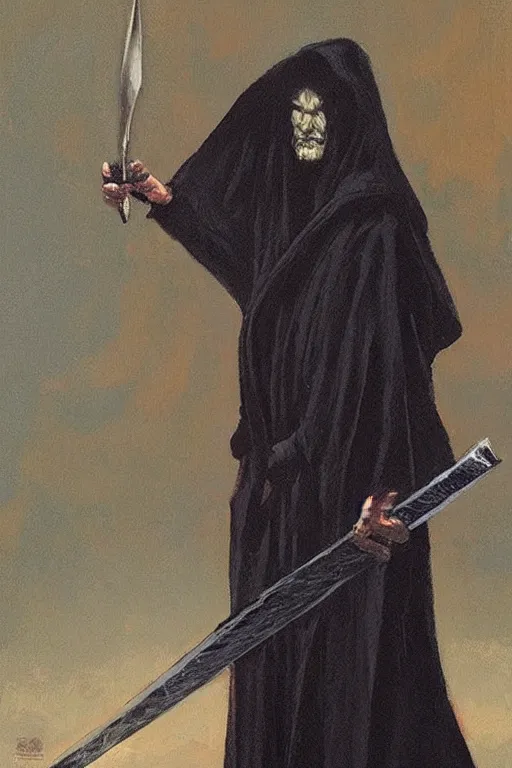 Image similar to a shady figure wearing a black robe and holding a sword vertically in front of its face, painting by brom