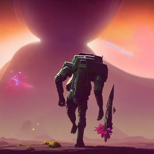 Image similar to no man's sky corrupted sentinel enjoying picking up flower on infested planet digital art in the style of greg rutkowski and craig mullins, 4 k