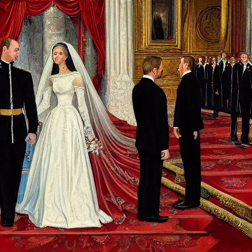 Prompt: detailed painting of prince william marrying american popstar miley cyrus, happy couple, official portrait, national portrait gallery, oil on canvas, painting