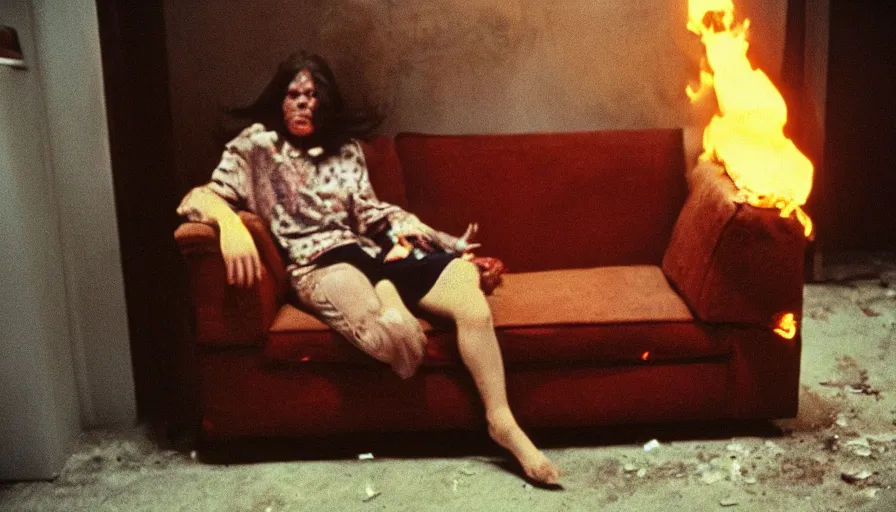 Image similar to 7 0 s film still from a horror movie about a person sitting on a burning couch, kodachrome, cinecolor, cinestill, film grain, film texture, retro, cinematic, high resolution, photorealism,