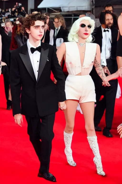 Prompt: timothee chalamet and lady gaga holding hands on the red carpet, beautiful detailed faces, canon eos, featured, flash lighting