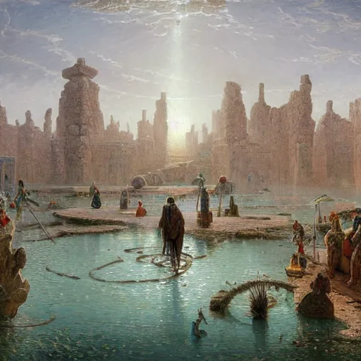 Image similar to detailed painting of a multiverse gateway in ancient mesopotamia in the middle of a sulphur lake, filigree ornaments, andreas achenbach, simon stalenhag