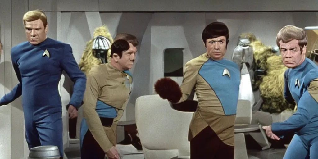 Image similar to a scene from Trouble with Tribbles, an episode of the original Star Trek series, with The Hulk in Starfleet uniform, in the role of Captain Kirk