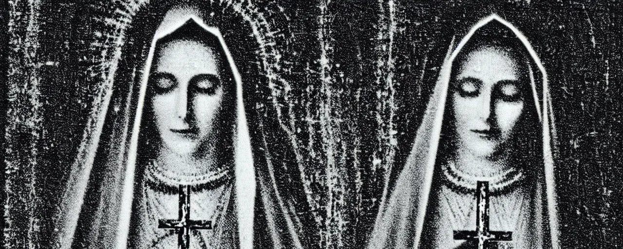 Image similar to vhs static overlay of marian apparition, vhs, 1 9 9 0, highly realistic, highly detailed, vhs noise static, black and white, vhs glitch