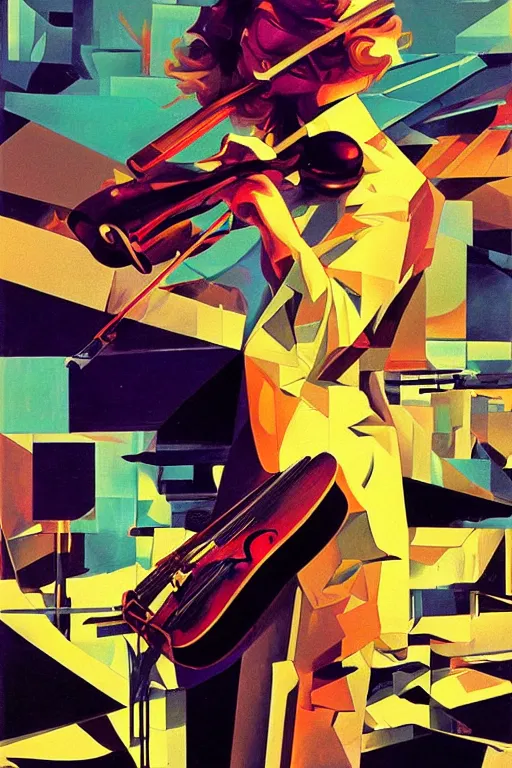 Image similar to wideangle action, portrait of a crazy violinist, decoherence, synthwave, glitch!!, fracture, vortex, realistic, hyperdetailed, concept art, golden hour, art by syd mead, cubism