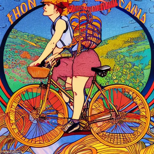 Prompt: hoffman bicycle trip, blotter art, in the style of robert crumb and lisa frank, studio ghibli, mucha, art nuevo, art deco, beautiful nature, serenity, cartoon, realistic, photograph, trending on artstation, vivid, surreal, beautiful, loving athmosphere