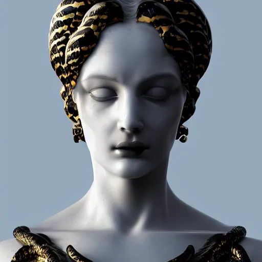 Prompt: smooth white marble statue face of gorgeous medusa gorgo, black onyx details, black and gold wires, hyper realistic render, super detailed, photo quality, octane render, corona render