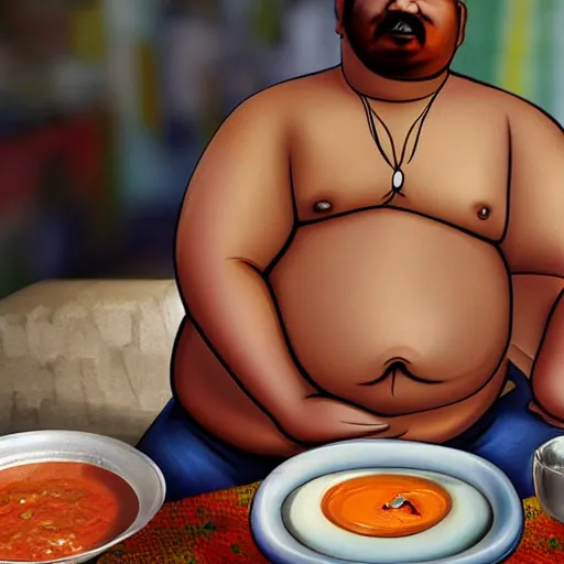 Image similar to fat indian man made out of soup realistic