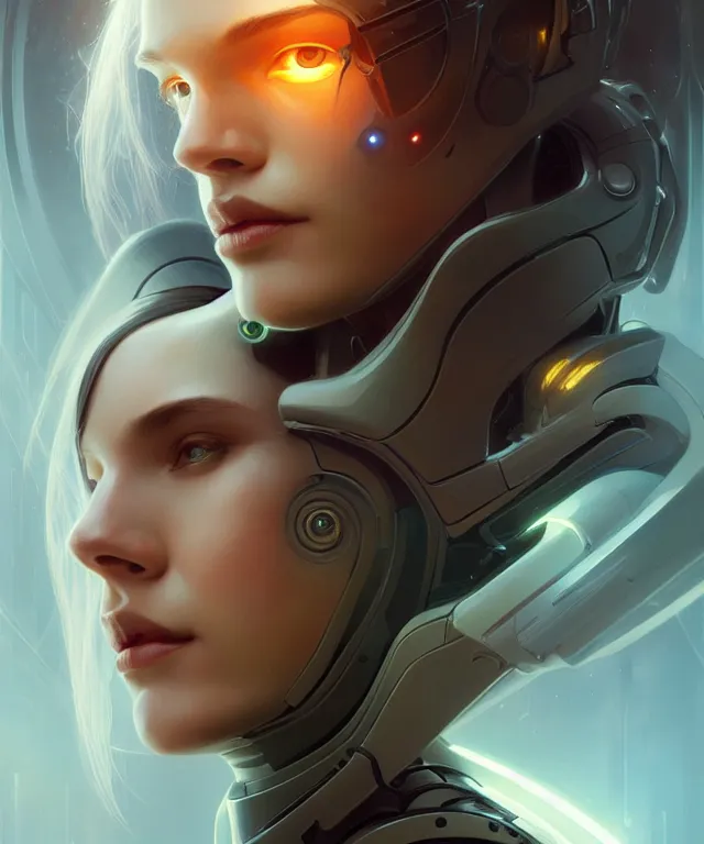 Image similar to futuristic android portrait, sci-fi, amber eyes, face, long hair, fantasy, intricate, elegant, highly detailed, digital painting, artstation, concept art, smooth, sharp focus, illustration, art by artgerm and greg rutkowski and alphonse mucha