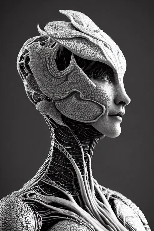 Image similar to bw close - up profile face, black background, beautiful young porcelain vegetal - dragon - cyborg - female, 1 5 0 mm, beautiful natural soft rim light, silver gold details, magnolia leaves and stems, roots, mandelbot fractal, elegant, ultra detailed, white metallic armour, octane render, h. r. giger style