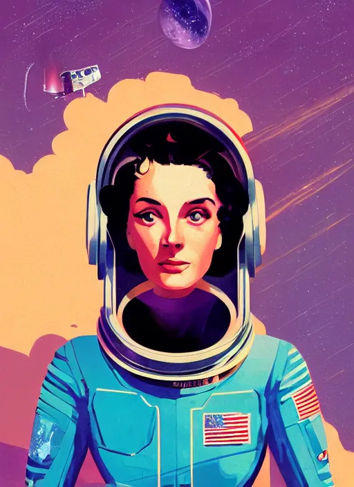 Image similar to illustration of the first female astronaut to reach and explore far off alien planet, retro futurism 1 9 5 0 s, half portrait by stanley artgerm, dramatic lighting, ilya kuvshinov, trending on artstation, flat colour, geometric curves, gradient filter, pleasing tone colours, by conrad roset