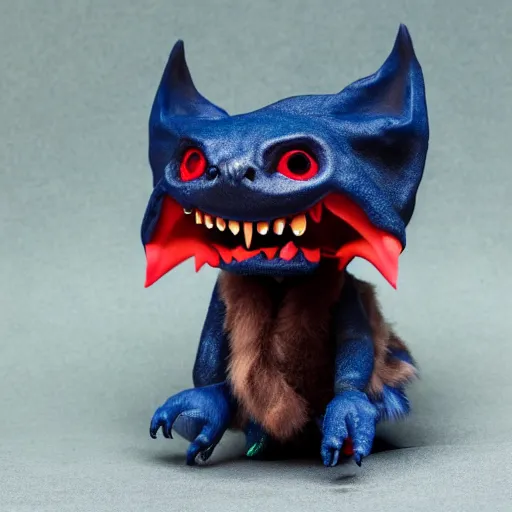 Image similar to detailed full body of scary giant mutant dark blue humanoid pygmy-bat, glowing red eyes, sharp teeth, acid leaking from mouth, realistic, giant, bat ears, bat nose, furred, covered in soft fur, detailed, 85mm f/1.4