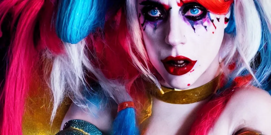 Prompt: movie still of lady gaga as harley quinn great lighting 4k quality