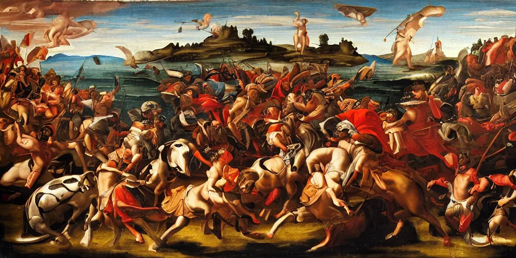 Prompt: renaissance-style painting of knights riding orcas on a battlefield in Italy, very dramatic atmosphere,