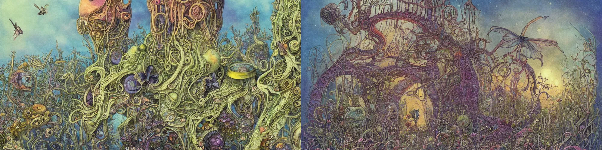 Prompt: a beautifully and highly detailed illustration of a strange alien world by Daniel Merriam and Janet fish | Graphic Novel, Visual Novel, Colored Pencil, Comic Book:.4