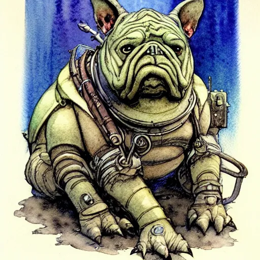 Image similar to a simple and atmospheric watercolour fantasy character concept art portrait of a mechanized android bulldog as a druidic warrior wizard looking at the camera with an intelligent gaze, very muted colors, by rebecca guay, michael kaluta, charles vess and jean moebius giraud