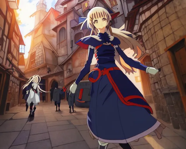 Image similar to anime visual, portrait of a young female walking through a busy medieval village, face by yoh yoshinari, murata range, last exile, blue submarine no 6, dynamic pose, dynamic perspective, detailed silhouette, cel shaded anime