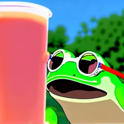 Prompt: studio ghibli frog sipping a hi - c juice box through a straw and wearing ray - ban wayfarers, ultra detail