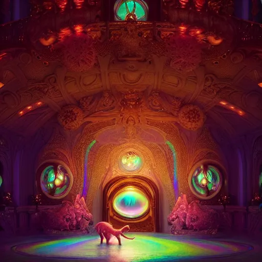 Image similar to iridescent opalescent animal in candyland, warm tones, bioluminescent : by michal karcz, daniel merriam, victo ngai and guillermo del toro : ornate, dynamic, particulate, intricate, elegant, highly detailed, centered, artstation, smooth, sharp focus, octane render