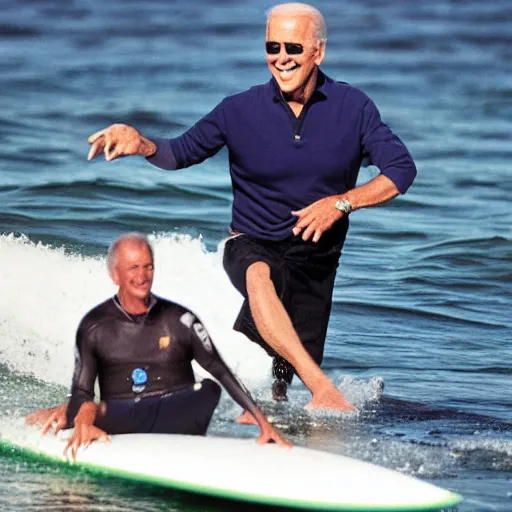 Image similar to joe biden surfing on a crocodile