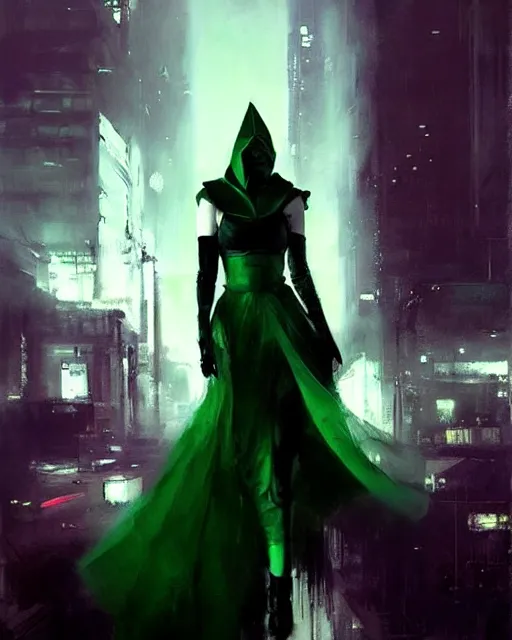 Prompt: Jeremy Mann art, artgerm, cinematics lighting, beautiful Anna Kendrick supervillain, green dress with a black hood, angry, symmetrical face, Symmetrical eyes, full body, flying in the air over city, night time, red mood in background