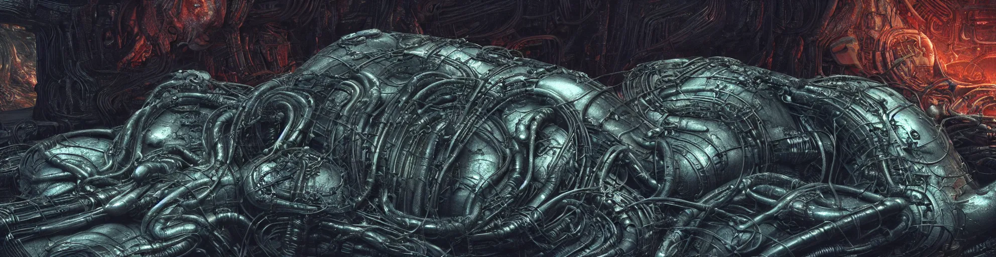 Image similar to Prometheus hibernation capsule biological sci-fi environment set close-up, hibernation capsule close-up, in a nightmarish universe of odd forms and somber tapestry, HR Giger and Vincent Di Fate, vivid color scheme, featured in artstation, octane render, cinematic, elegant, intricate, 8k