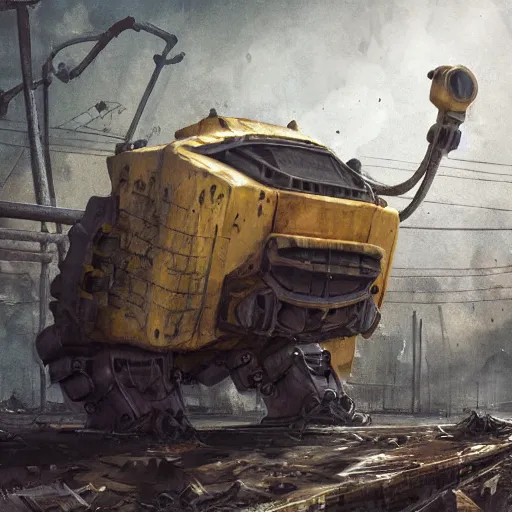 Image similar to Huge Sponge Bob mecha robot abandoned under a bridge. rusting, apocalyptic dystopia. unreal engine, 4k, trending on artstation, digital painting, highly detailed