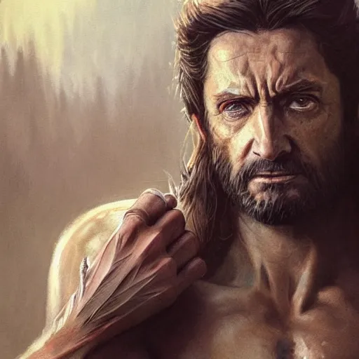 Prompt: Jesus Christ with wolverine clan claws . Highly detailed painting Greg rutkowski. Good clear quality, high detail, octagon render 8k