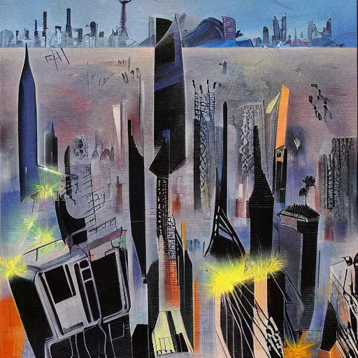 Prompt: Santiago of Chile skyline from a cyberpunk future, oil on canvas by Roberto Matta and Dave McKean