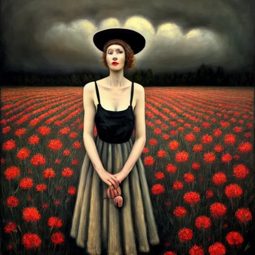 Prompt: a girl standing in a field, wearing black old dress and hat, by andrea kowch, andrea kowch style painting, dark, scene, magicrealism, flowers in background,