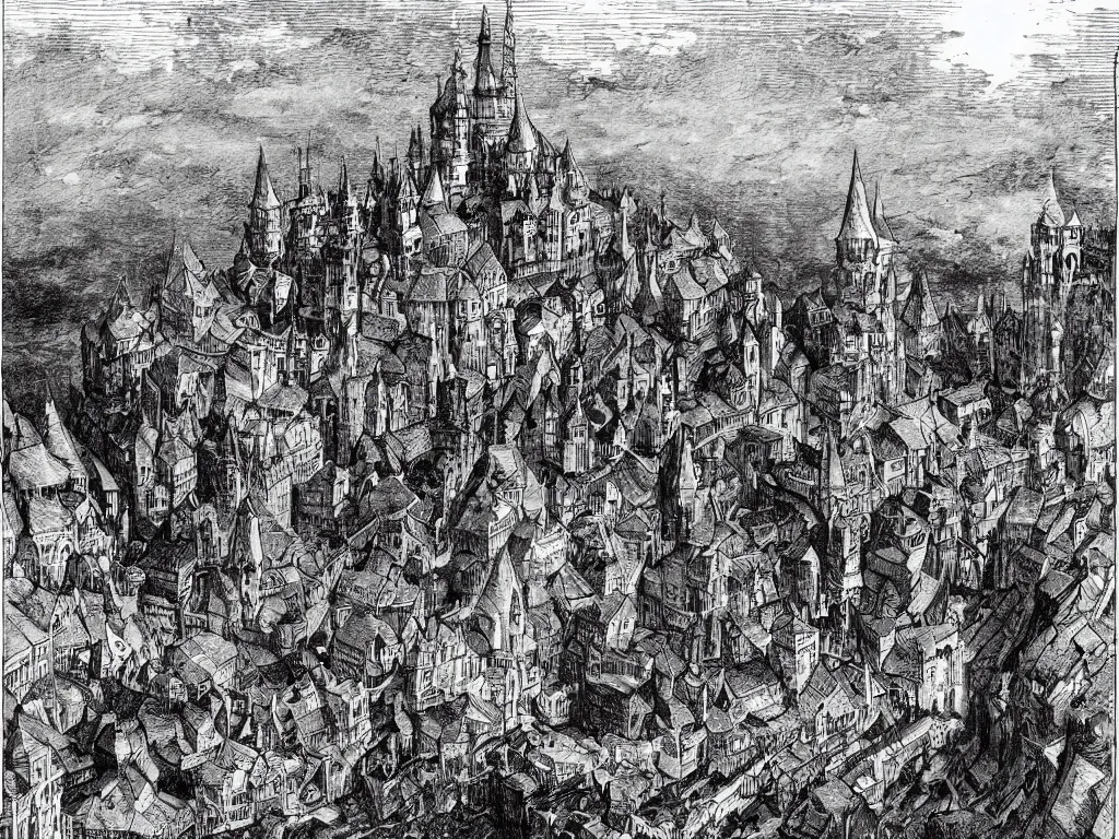 Prompt: a black and white illustration of middenheim, a huge medieval city on a mountain plateau by bernie wrightson, ian miller, gustave dore, albrecht durer, storybook illustration, highly detailed, pen and ink on paper