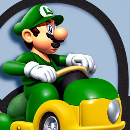 Prompt: luigi from super mario brothers driving a ford mustang, cartoon