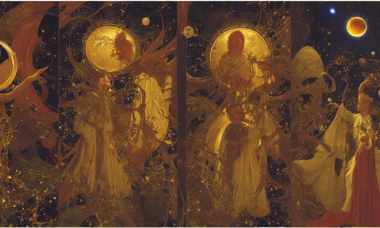 Image similar to sun king and moon prince in the cosmic court of mystical astronomy, art by james c. christensen and thomas cooper gotch