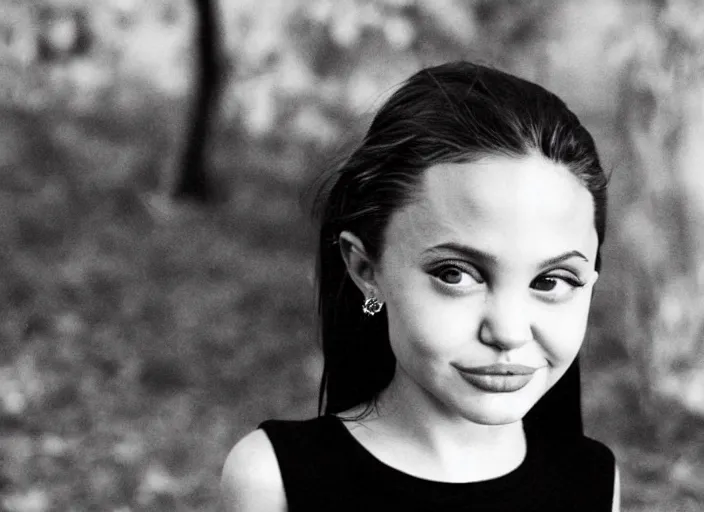 Image similar to professional fine detailed photo portrait of young angelina jolie from makhachkala, dagestan. kid angelina jolie in the postsoviet suburbia, iphone photo, instagram, black and white - - cfg _ scale 7