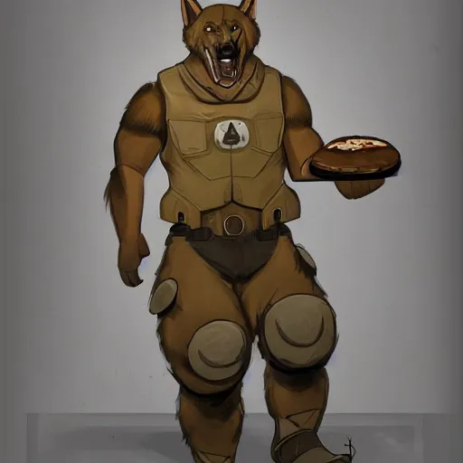 Prompt: a humanoid german shepherd beast - man in military style, holding a slice of pizza, artstation, concept art, smooth, sharp foccus ilustration, artstation